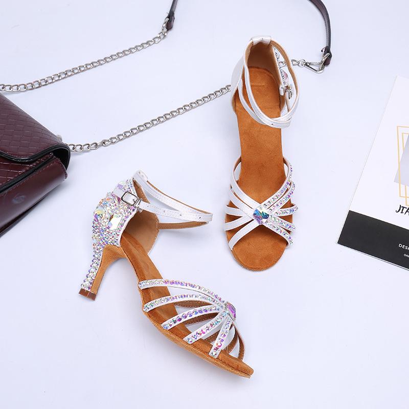 2024 New Latin Dance Shoes Diamond Satin Female Adult High-Heeled Dance Shoes Ballroom Dance Shoes