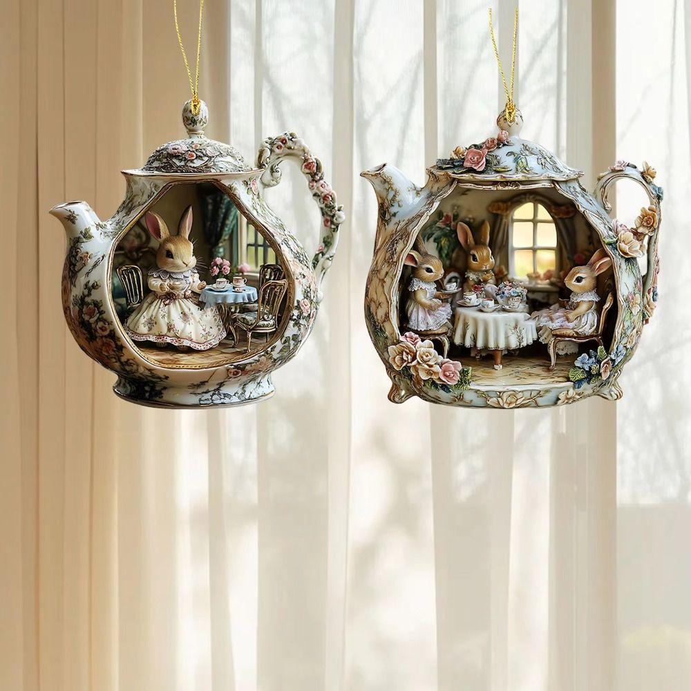 New 2D Acrylic Rabbit in Teacup Pendant Flat Bag Pendant Charms Christmas Hanging Pendants Christmas Tree Ornament New Year Gift