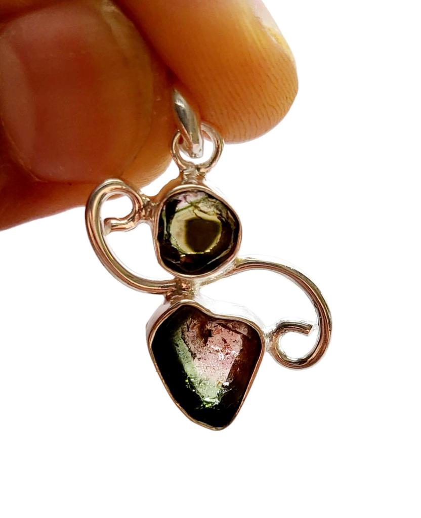 Natural Rare Watermelon Tourmaline Gemstone 925 Sterling Silver Pendant, Gift028