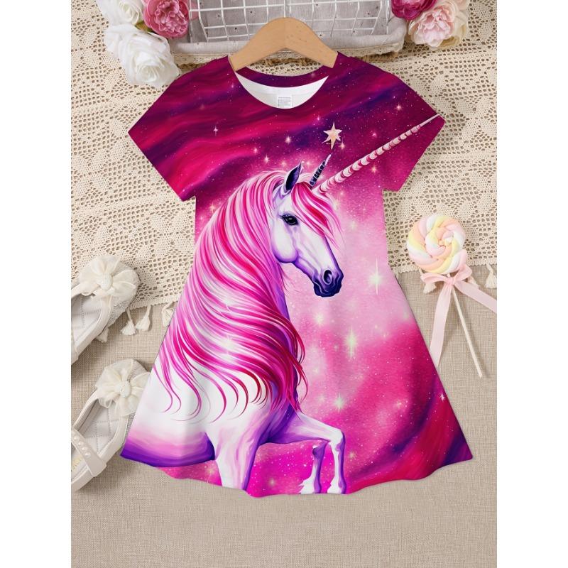 3D Digital Cartoon Butterfly Pattern | Cute Girls' Short Sleeve Tunic Dress Perfect for Spring/Summer, Casual Style with Slight Stretch Fabric