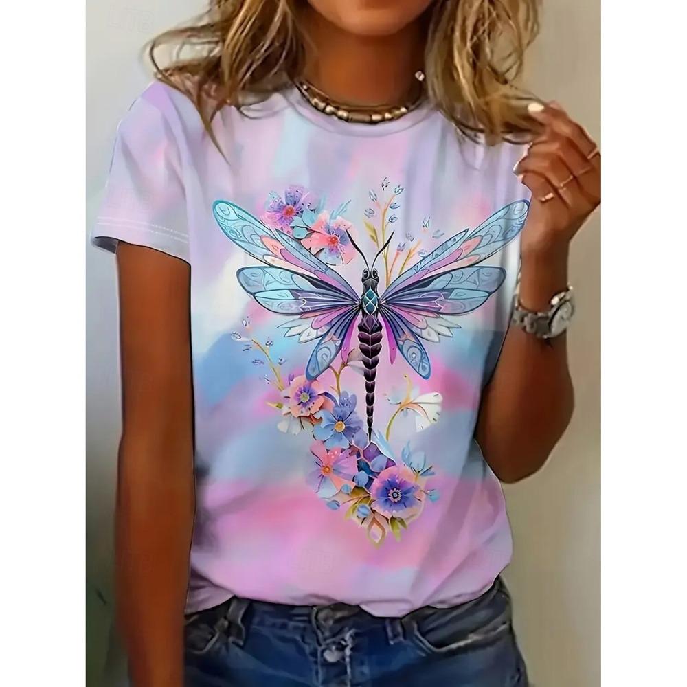 Round Neck 3D Animal Printed Top Fashionable Casual Short Sleeved Women's T-shirts - Soft Medium Stretch Polyester Fabric Summer Relaxed Fit Clothing