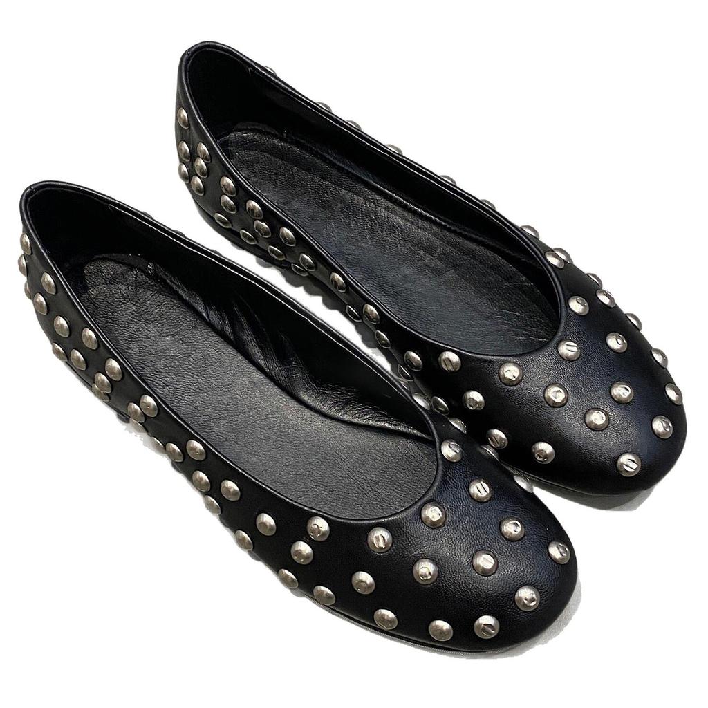 Sheepskin version~ French niche retro riveted ballet shoes leather round head flat bottom Mary Jane shallow mouth single shoes women