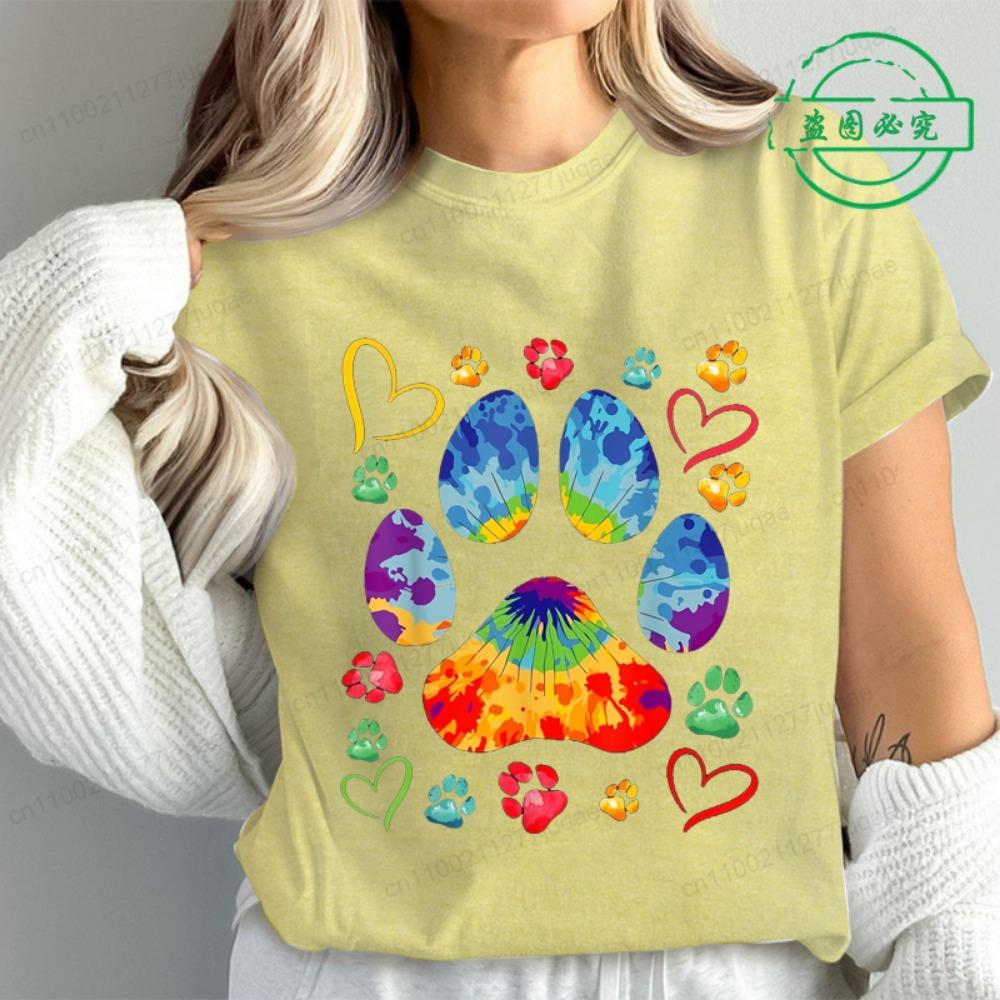 Tie Dye Paw Print Women T Shirt Fashion Casual Graphic T-Shirts Short Sleeve Tee Tops Summer Fashion Female T-Shirt Mujer