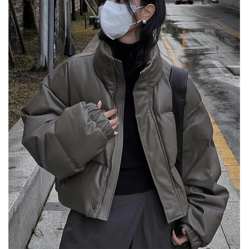 

Короткое женское пальто с хлопковой подкладкой в европейском и американском стиле 2025 года, свободное облегающее утолщенное пальто из искусственной кожи S зелёный