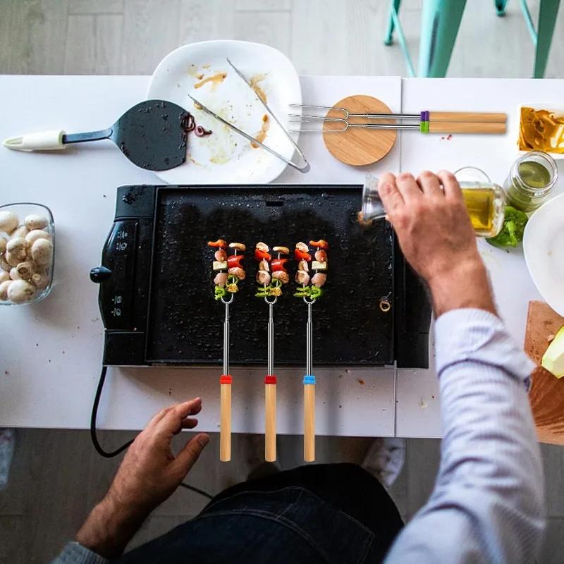 Telescoping Campfire Forks 32 Inch Stainless Steel BBQ Grill Skewer Marshmallow Roasting Sticks for Picnic Smores Cooking