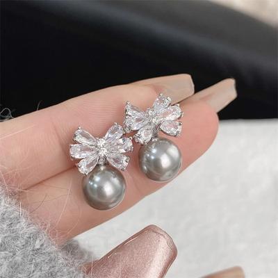 Gray Imitation Pearl Bow Stud Earrings Femininity Light Luxury Simple Korean Version Zircon Earrings