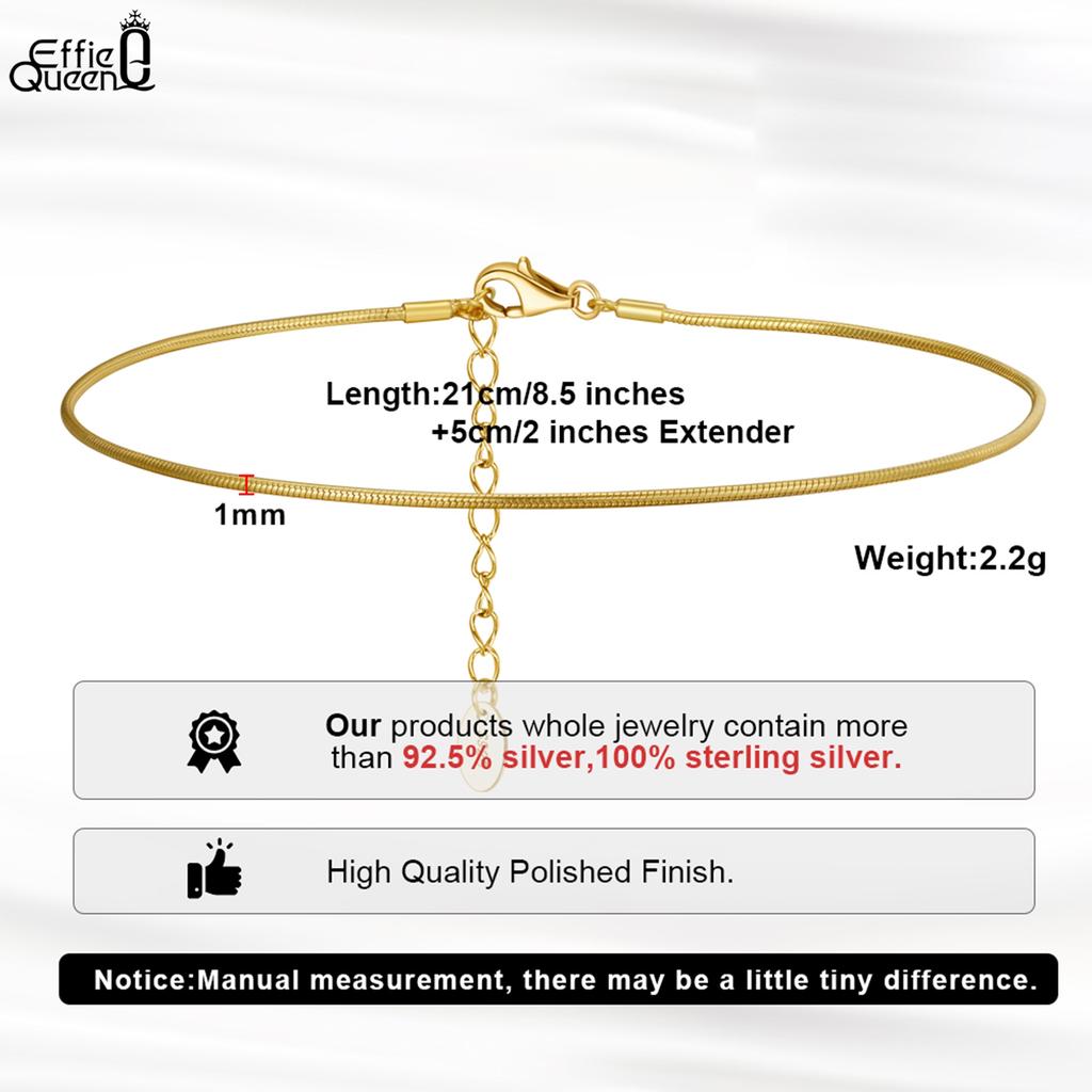 EFFIE QUEEN 925 Pure Silver14k Gold 1mm Round Snake Chain Anklet Simple Jewelry for Women Wedding Party Celebration Gift SA23
