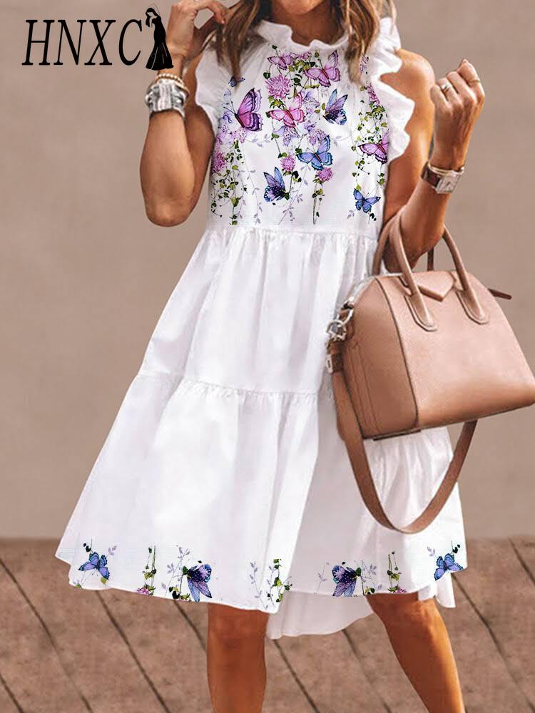 

HNXC Женское платье с цветочным принтом, свободное, уличная одежда, до колена, без рукавов, с оборками, для вечеринки, S-3XL XXXXXL
