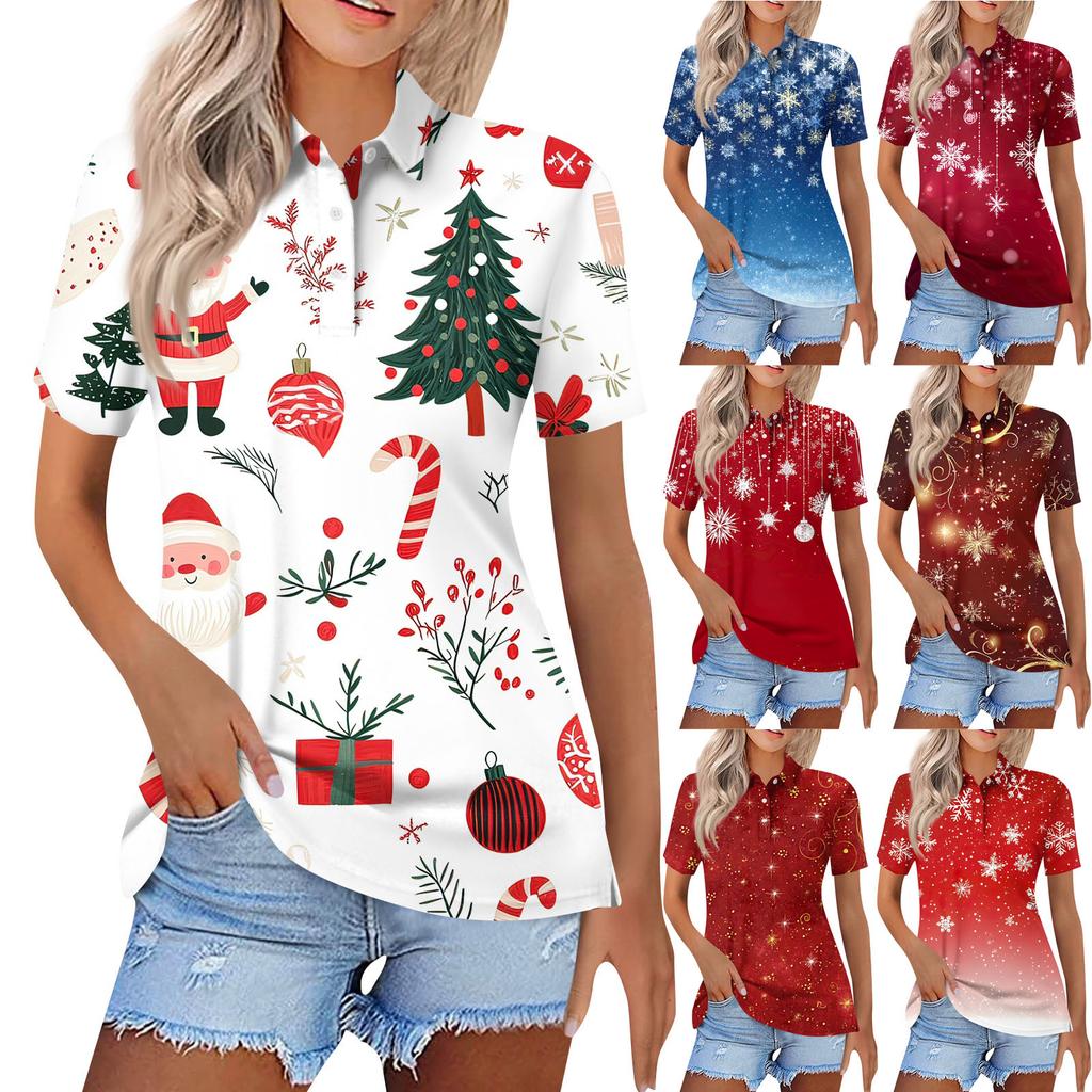 Women's Fashion Casual Lapel Short Sleeve Christmas Print Shirt Women's Button Up Tops