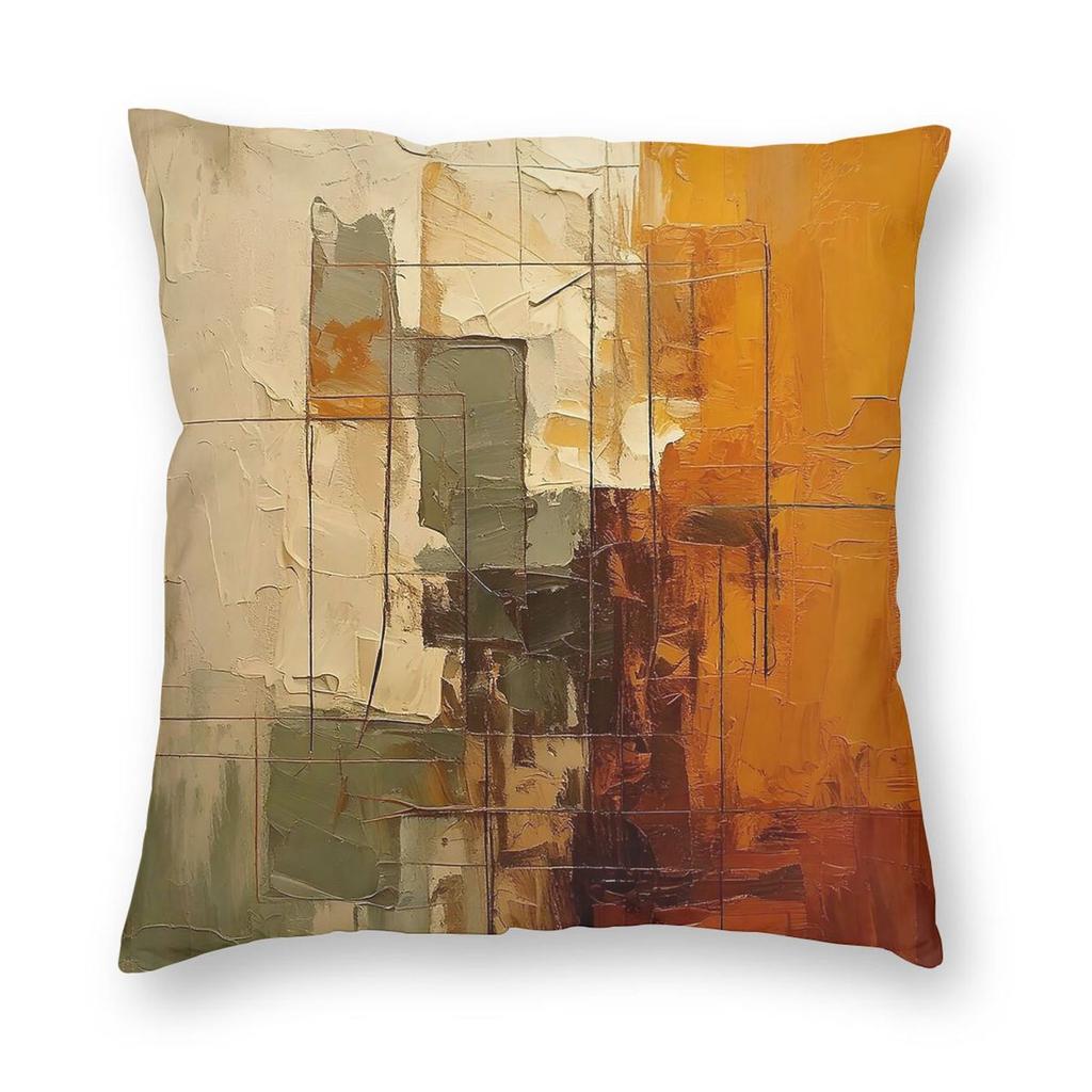 Abstracte Aardetinten Kwaststreken Vierkante Kussensloop Polyester Linnen Fluweel Patroon Rits Decoratieve Bank Zitkussenhoes