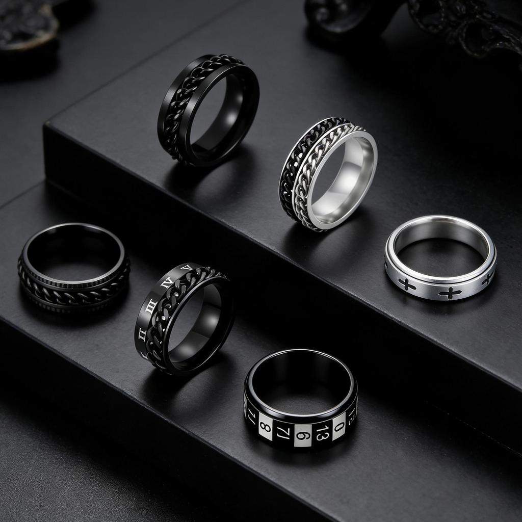 European & American Trendy Titanium Steel Men's Rotating Hip Hop Ring - Multiple Styles Set