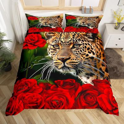 Leopard Bedding Set Wild Cheetah Comforter Cover Rose Romantic Floral Duvet Cover For Boys Girls Room Decor Twin Full Queen King