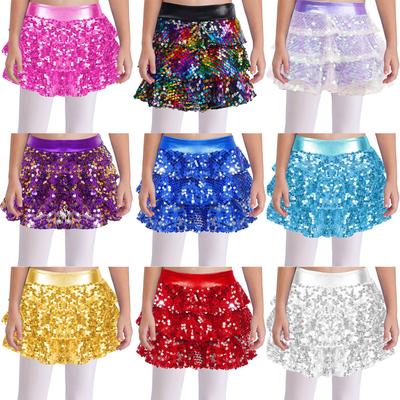 Mädchen Glänzende Pailletten Tanzshorts Gestuftes Rüschenrock-Design Metallic Elastischer Bund Culottes