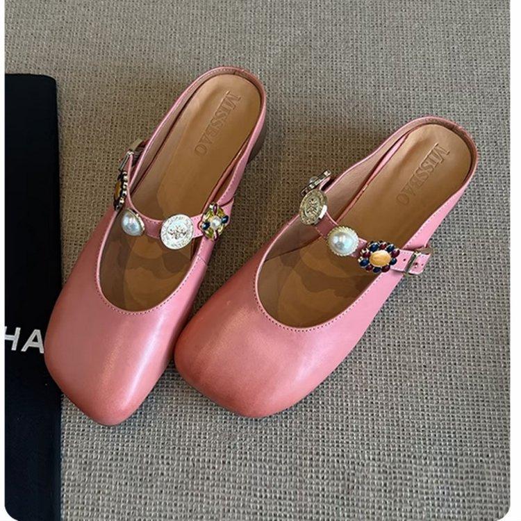 

Soft leather model~ Baotou half slippers women s summer wear high-end feeling with skirt cool slippers one pedal lazy Muller shoes 35