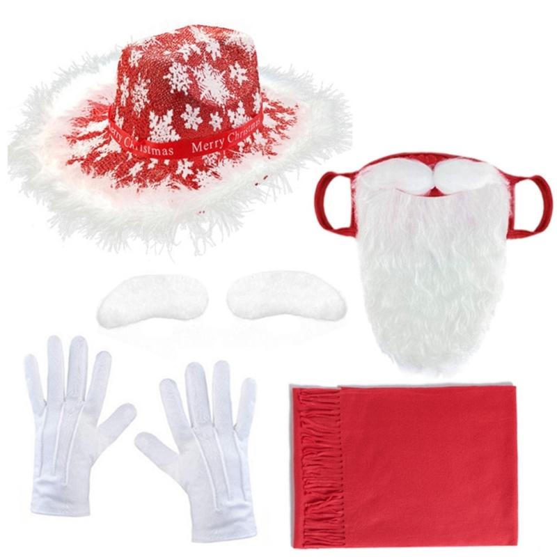 Christmas Cowman Hat Scarf Self Adhesive Eyebrows, Santa Mask with Long Beards for Women Men