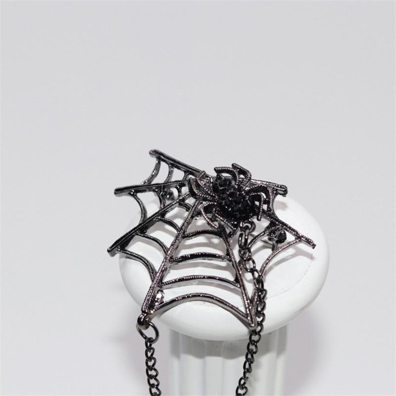 Punk Spiders Net Lapel Pin with Chain Halloween Costume Jewelry Accessories for Women Men, Punk Chain Brooch Lapel Pin