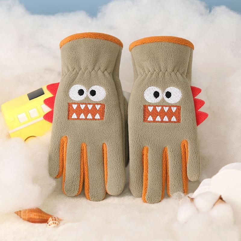 Cartoon Dinosaur Children Winter Gloves Thicken Warm Boys Girls Five Finger Gloves Kids Plush Outdoor Riding Ski Gloves