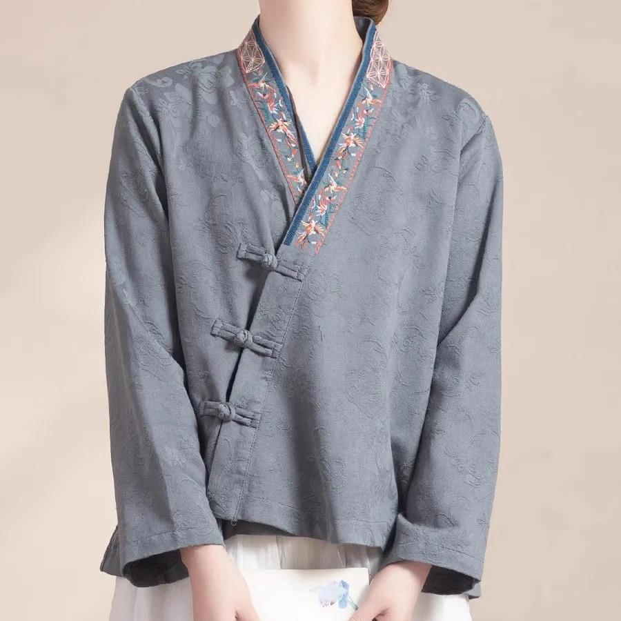 Placket embroidered disc-buckled cotton and linen long-sleeved cardigan women's casual loose spring and autumn top