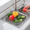 Foldable Stainless Steel Dish Rack with Draining Curtain, Multi-functional Kitchen Sink Storage for Bowls, Plates, Vegetables, and Fruits.