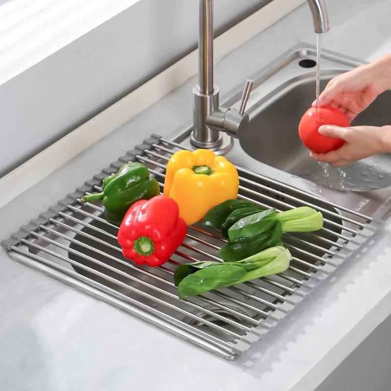 Foldable Stainless Steel Dish Rack with Draining Curtain, Multi-functional Kitchen Sink Storage for Bowls, Plates, Vegetables, and Fruits.