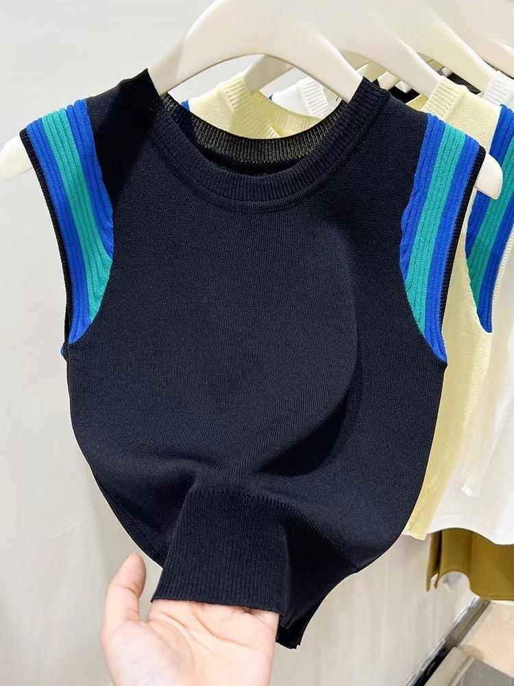 

Трикотажная майка в сине-зеленую полоску с цветными блоками, летняя женская дизайнерская модель Sense Niche Unique Chic, маленькие топы, повседневные, облегающие, свитера, футболки One Size чёрный