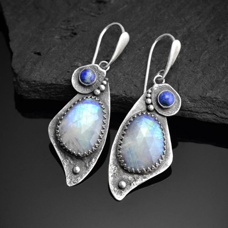 Vintage Silver Color Metal Geometry Inlaid with Blue and White Stones Dangle Earrings for Women Jewelry