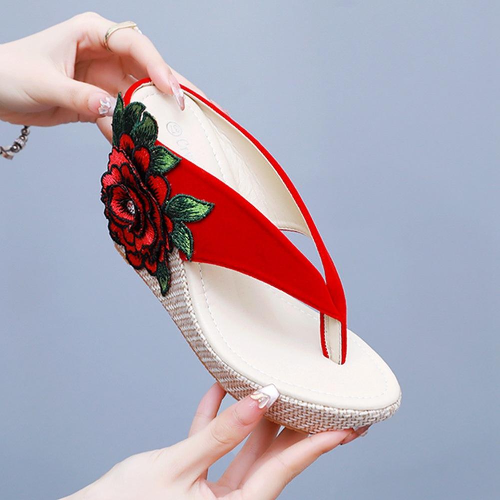 9cm Bohemske Vanntette Platform Sandaler med Tykksåle og Hæl Strand Fotslippers Broderte Blomster Svampekake Sandaler