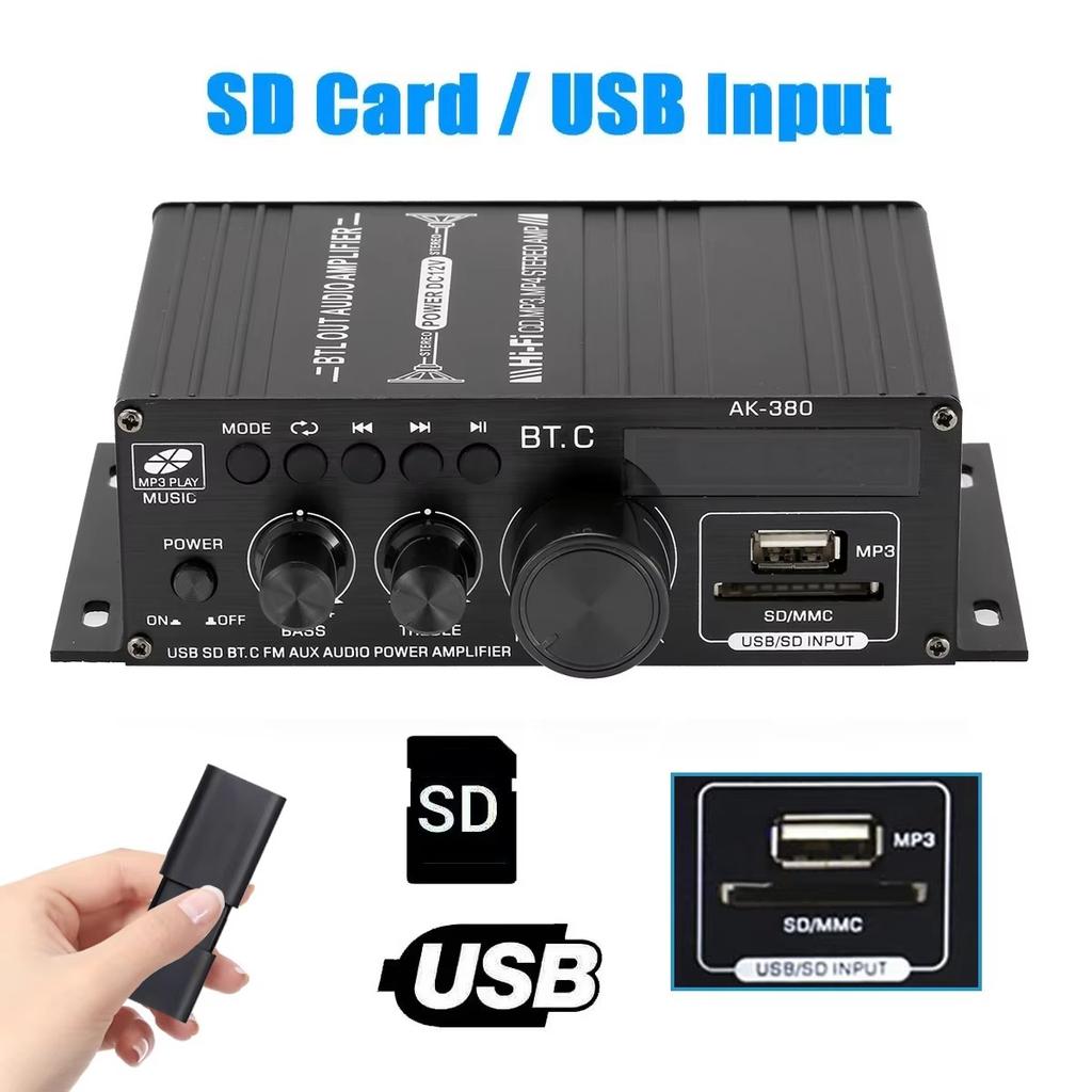 AK-380 Bluetooth Hi-Fi Audio Amplifier 40Wx2 Stereo Power Amp with Remote Control USB SD AUX Input For Home/Car