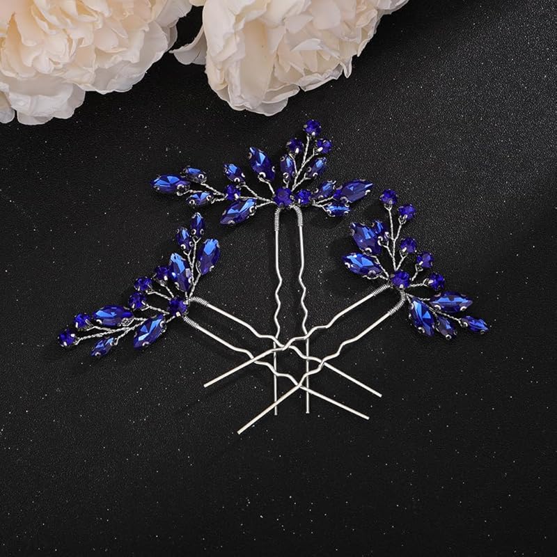 Teyglen 3pcs Crystal Bride Wedding Hair Pins Bridal Red Rhinestone Hair Pins Set Handmade Blue Black Red Crystal Hair Pieces Wedding Hair Accessories