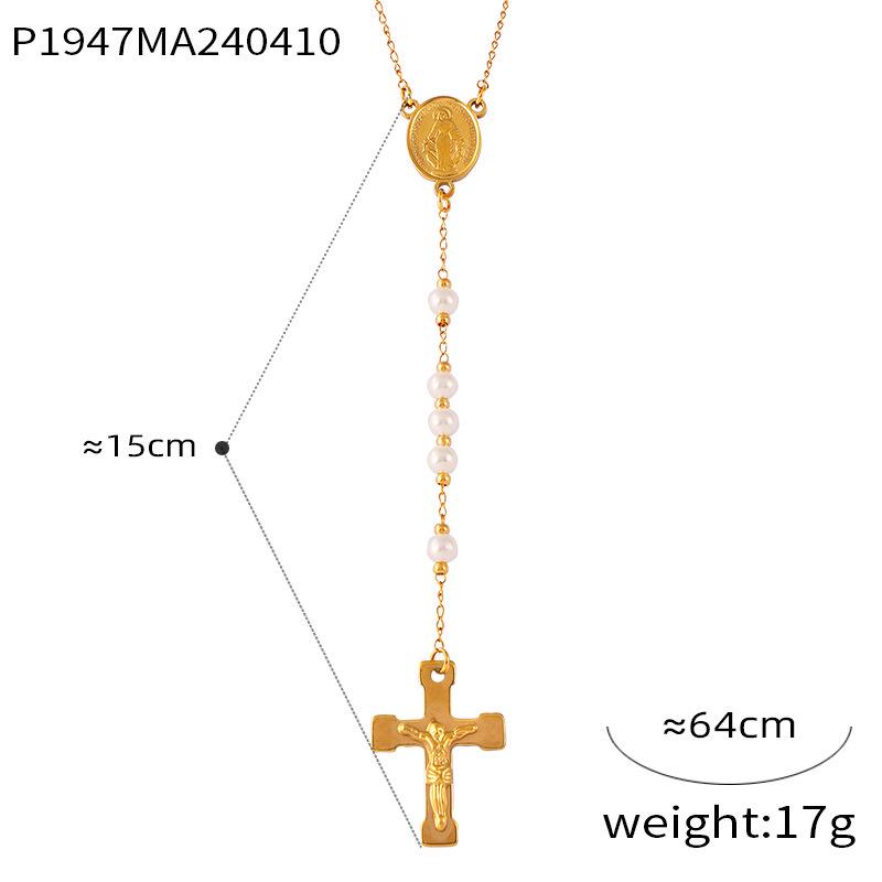 Women s Retro Rosary Cross Pendant Necklace - Luxury Beaded Titanium Steel with Shell Beads