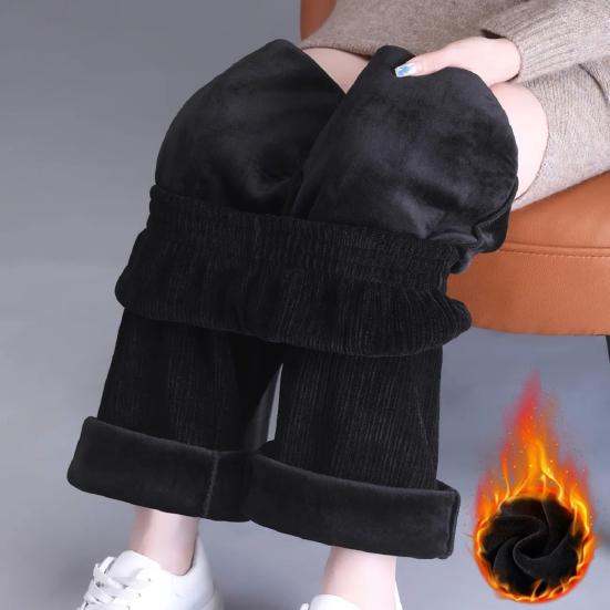 Women Winter Pants Elastic High Waist Straight Wide Leg Velvet Lining Long Pants Solid