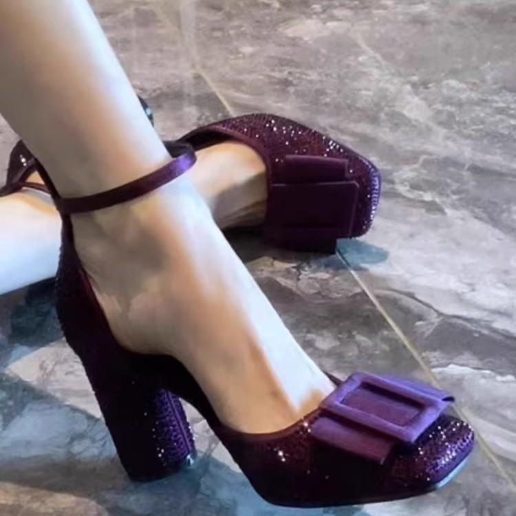 Bow Baotou Sandals Women's Spring and Summer Square Head Hollow Word with Square Buckle Thick Heel Shallow Mouth