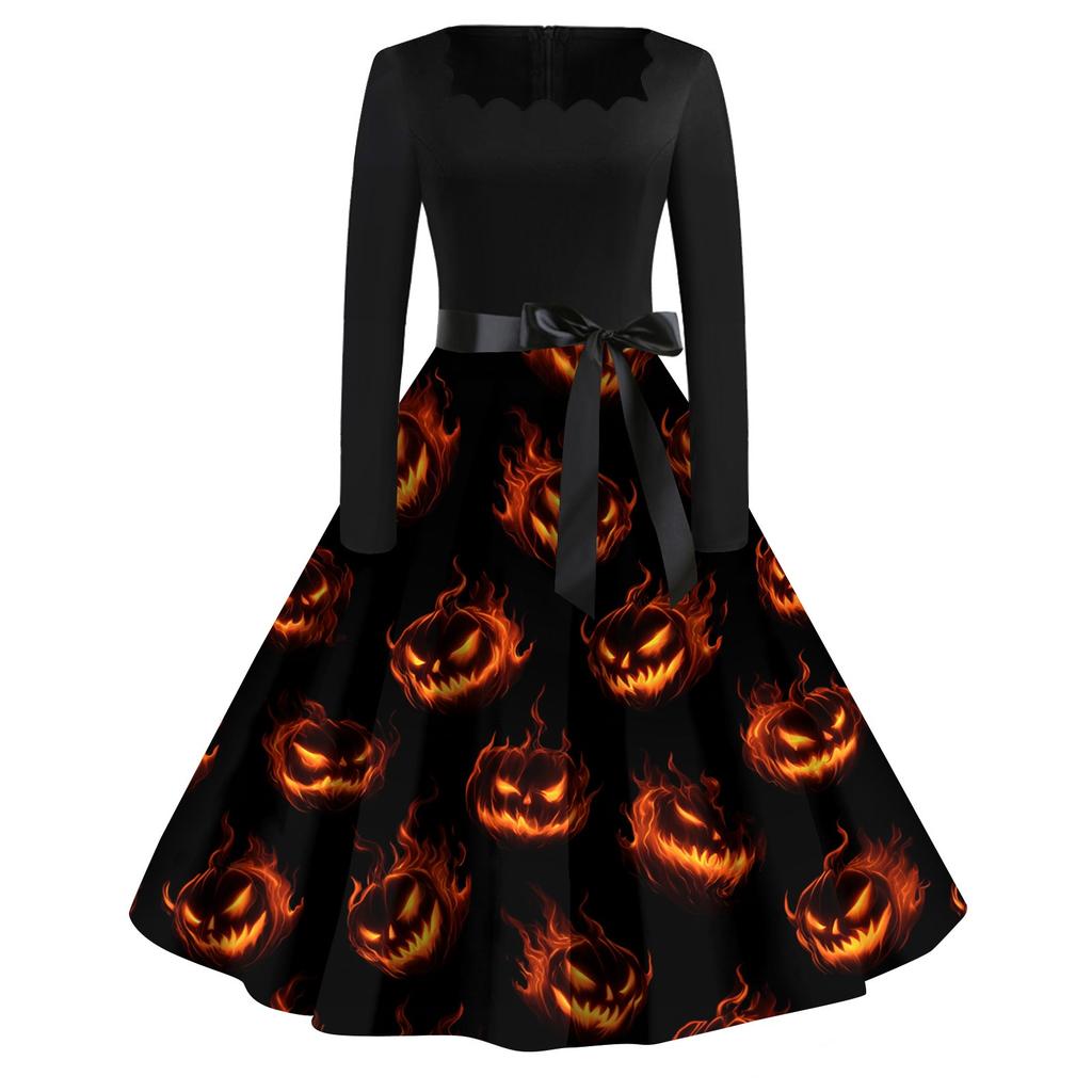 Dámské ležérní módní šaty s halloweenským potiskem a čtvercovým výstřihem ve vintage stylu