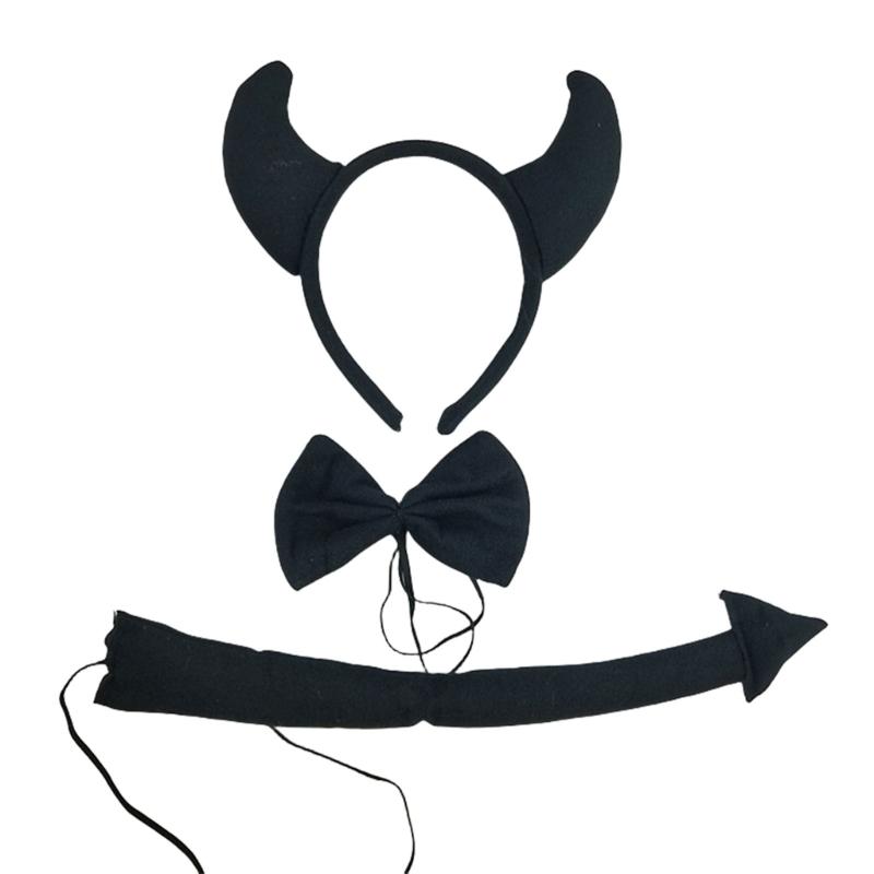 Halloween Cow Costume Animal Dress up Set Includes Cow Horn Headband, Tail, Bowtie for Kid Girl Halloween Cosplay Party