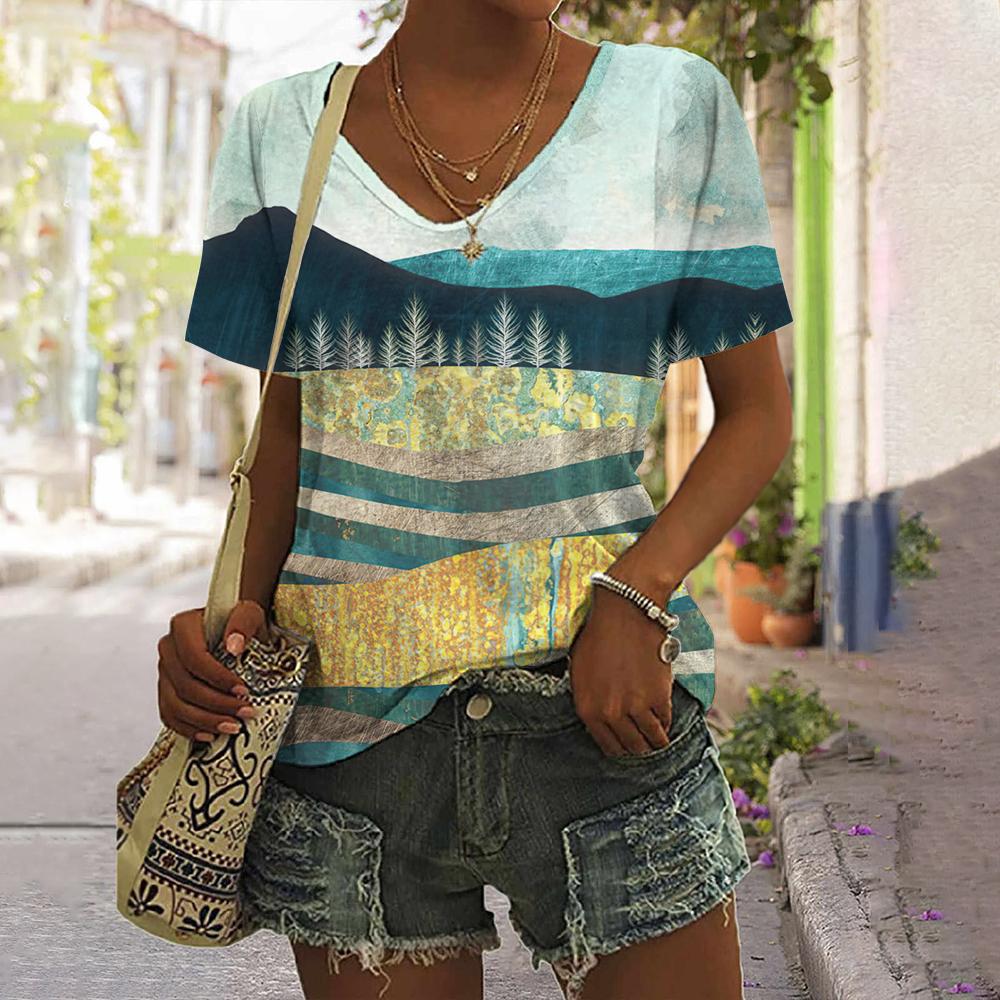 Printed Striped T-shirt New Simple Clothes Casual V-neck Short-sleeved T-shirt Retro T-shirt Summer