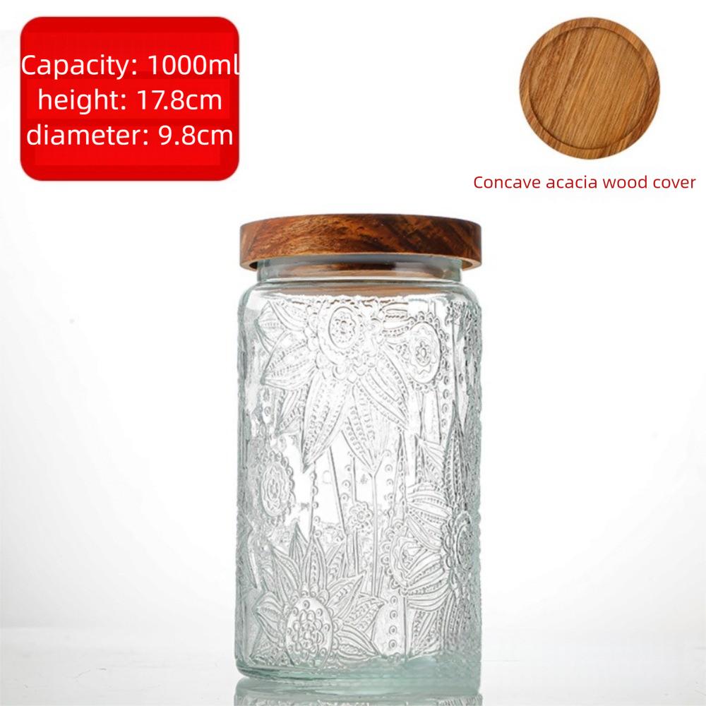 New 1000ML Storage Bottles Jars Embossed Pattern Glass Food Storage Containers with Wooden Lid Begonia Airtight Canister Kitchen