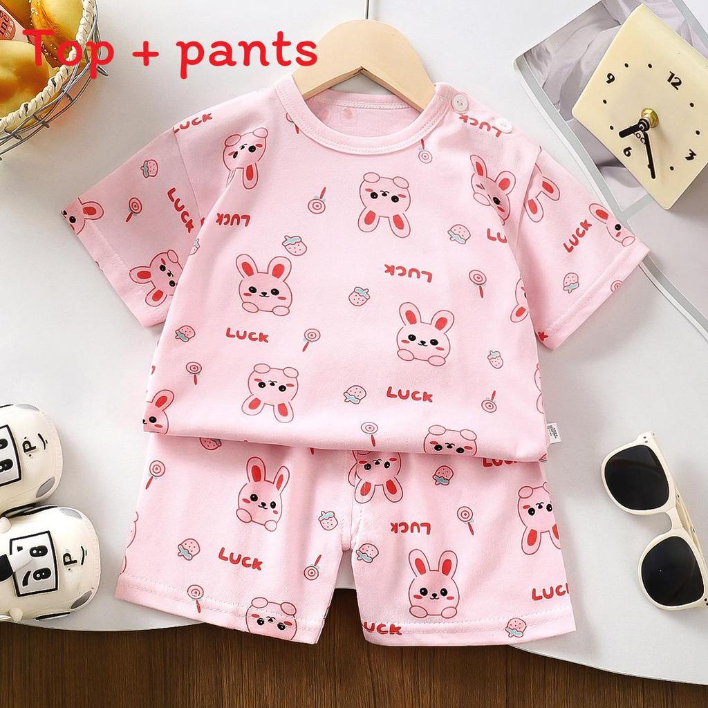 Kids Short Sleeve Cotton Set With Cartoon Pattern For Summer Play