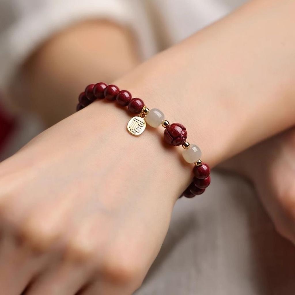 Unisex Lotus Bracelet, Purple Cinnabar & Hetian Jade, Chinese Style Travel Gift