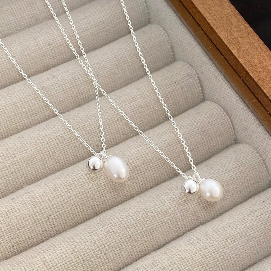 Versatile Exquisite Round Double Pendant Clavicle Chain S925 Silver Ins Simple Natural Freshwater Pearl Necklace