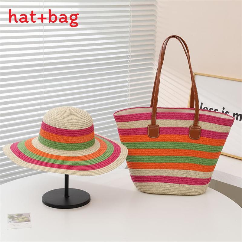 Woven Sun Hat And Large Capacity Straw Tote With Striped Pattern For Travel And Casual Wear