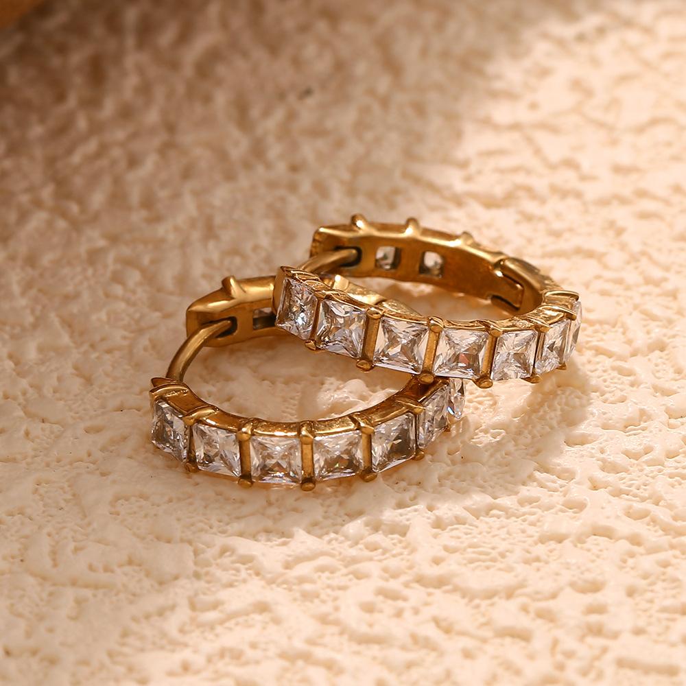Delicate Square Zircon Hoop Earrings Stainless Steel Gold Color Huggie Ear Buckle Luxury Gold Plated Zircon for Women