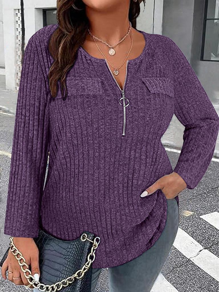 2025 Spring/Autumn Plus Size Women's Long Sleeve V-neck Zipper T-shirt