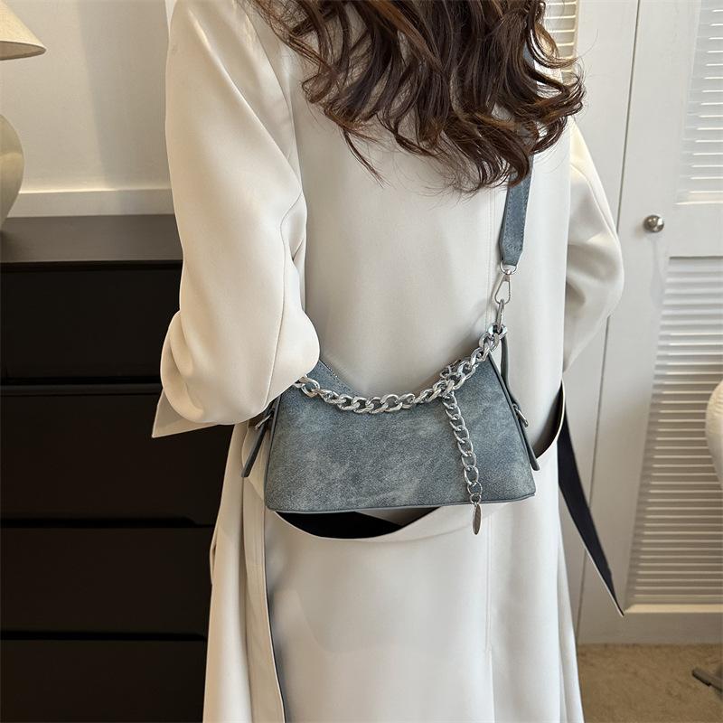 Autumn popular simple fashion 2025 trend casual solid color PU casual shoulder denim armpit crescent bag women