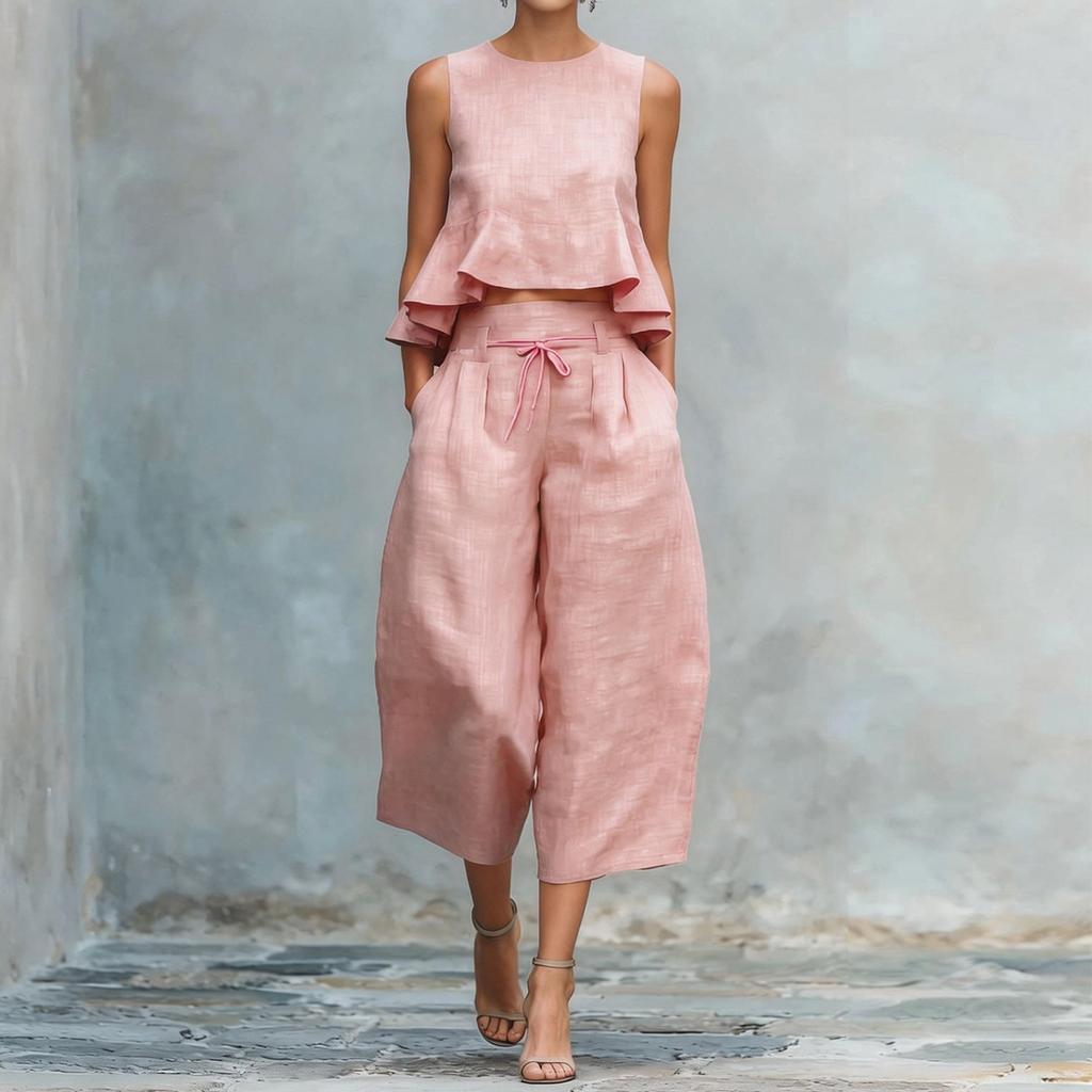 Moda Y Sexy Traje De Lino Con Cinturón Elástico Para Mujer Primavera y Verano Retro Conjunto Casual De Dos Piezas Moda Femenina Color