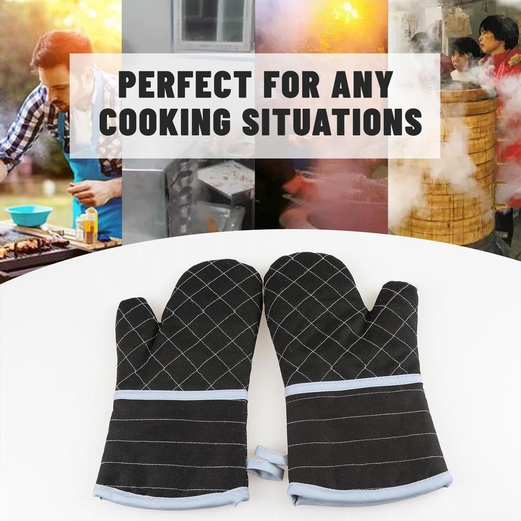 1 Pair Extended Oven Mitts Heat-Insulating 260 celsius Celsius500 degrees F Kitchen-Gloves Thick Terrycloth Lining Grids Horizontal Stripes Pattern fo