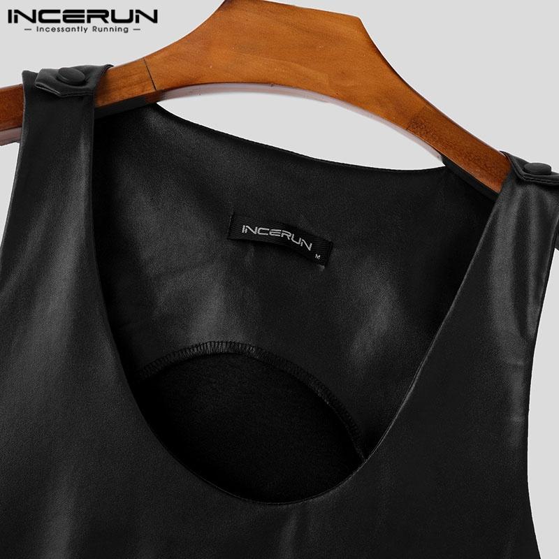 INCERUN Men Low Cut Neck Sleeveless PU Leather Casual Loose Tank Tops Tee
