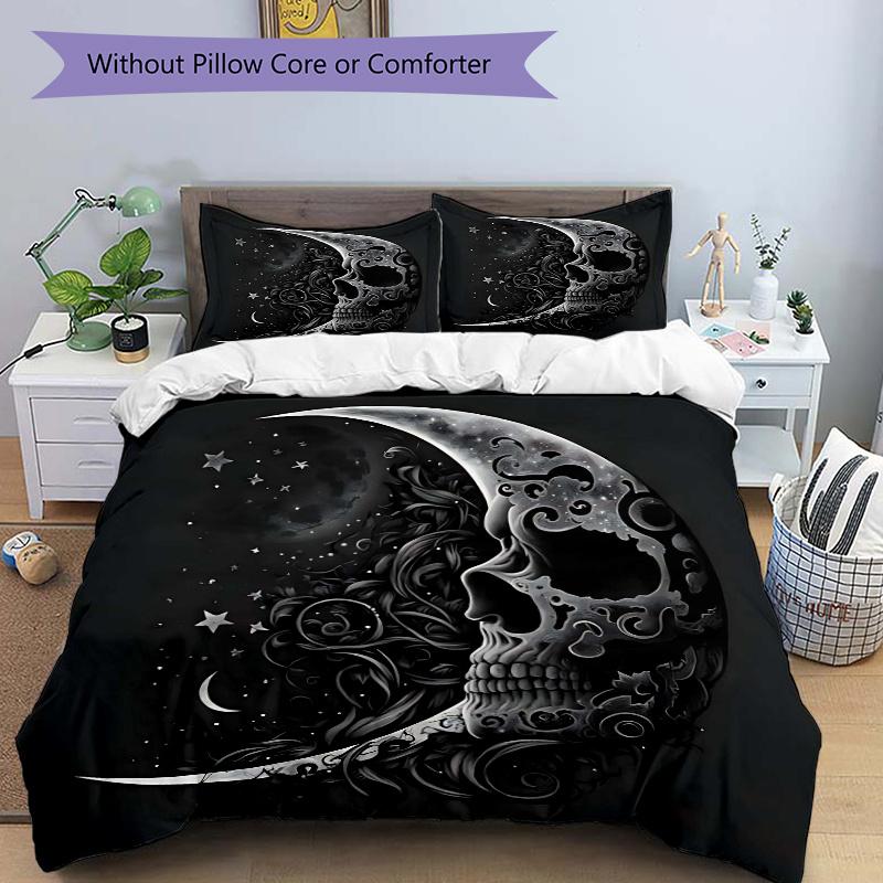 

3pcs Midnight Moonlit Skull Printed Duvet Cover Set (1 * Cover+2 * Pillowcase, Without Core), Suitable for Home Bedroom, 135x200cm