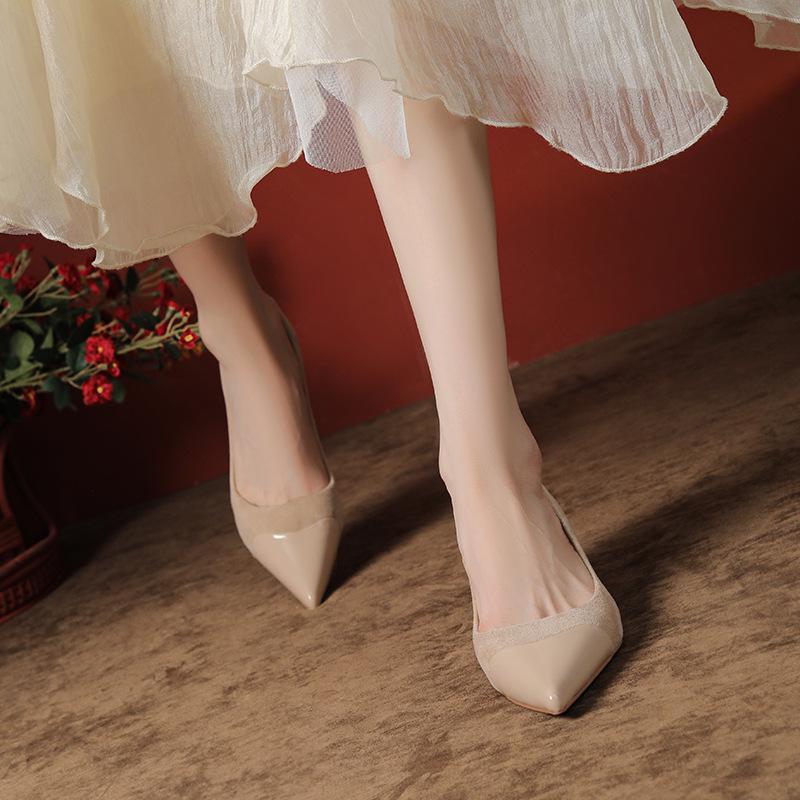 

Elegant Sheepskin Suede Patchwork Pointed Toe High Heels - 2025 Autumn Collection 34 коричневий