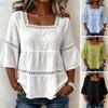 Women Tops Square Collar 3/4 Sleeves Solid Color Loose Fit Soft Stretchy Blouse Lace Splicing Design Casual Tops Daily Wear