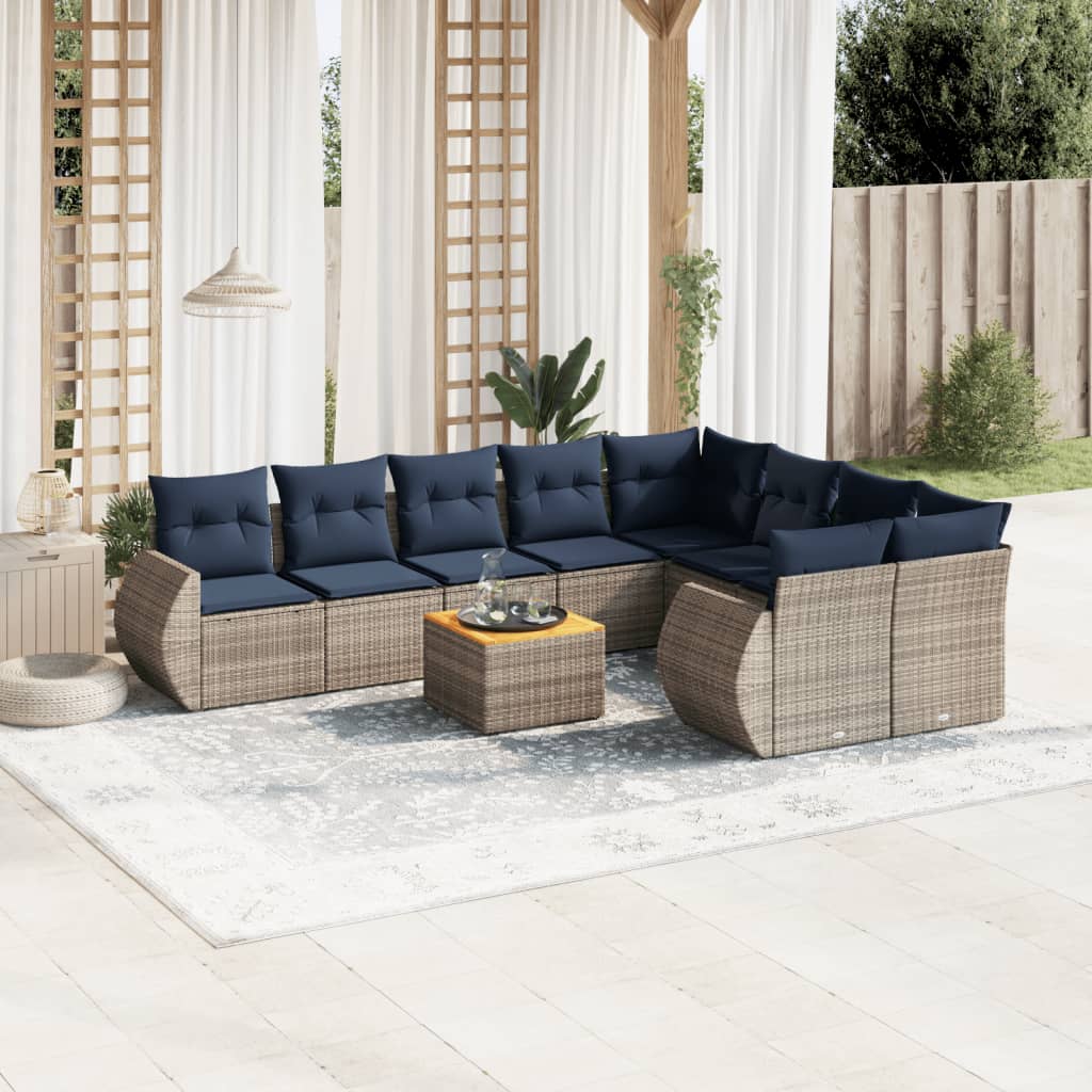 10 Piece Garden Sofa Set with Cushions Gray Poly Rattan